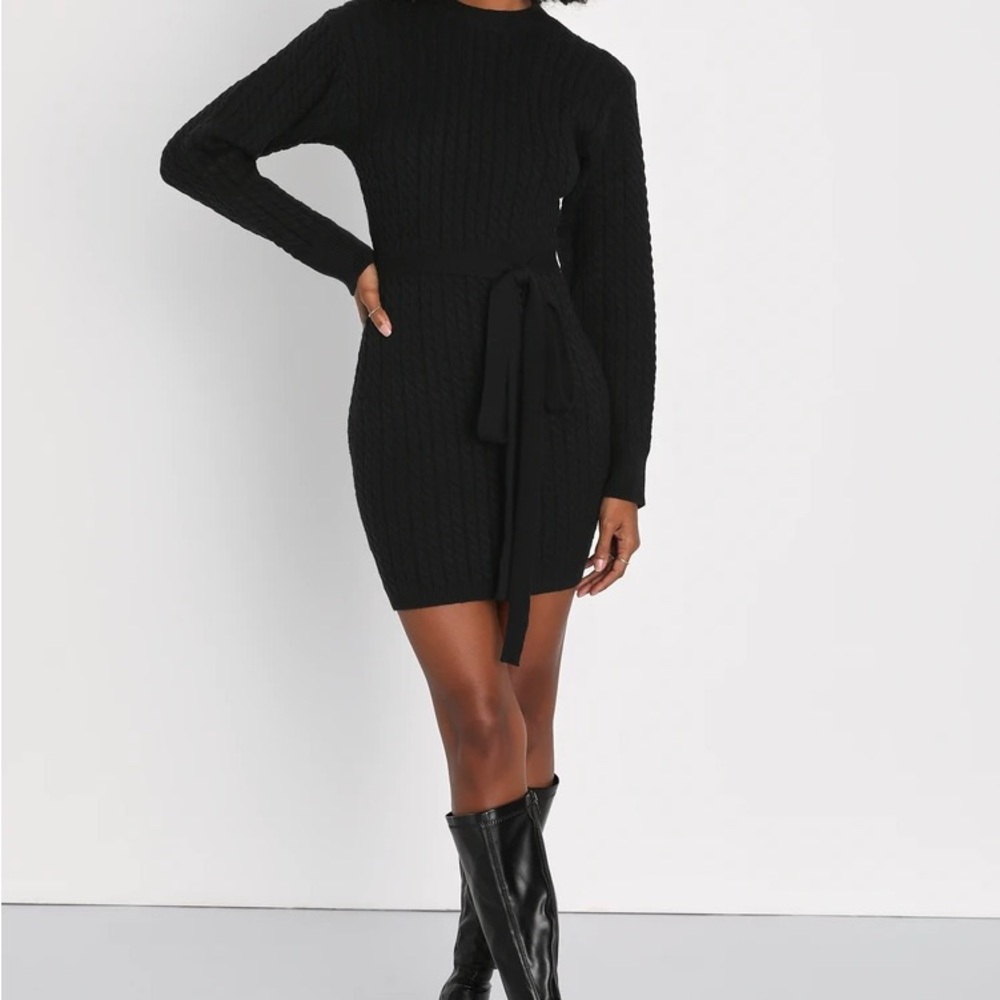 Women’s Black Cable-Knit Tie-Waist Sweater Dress